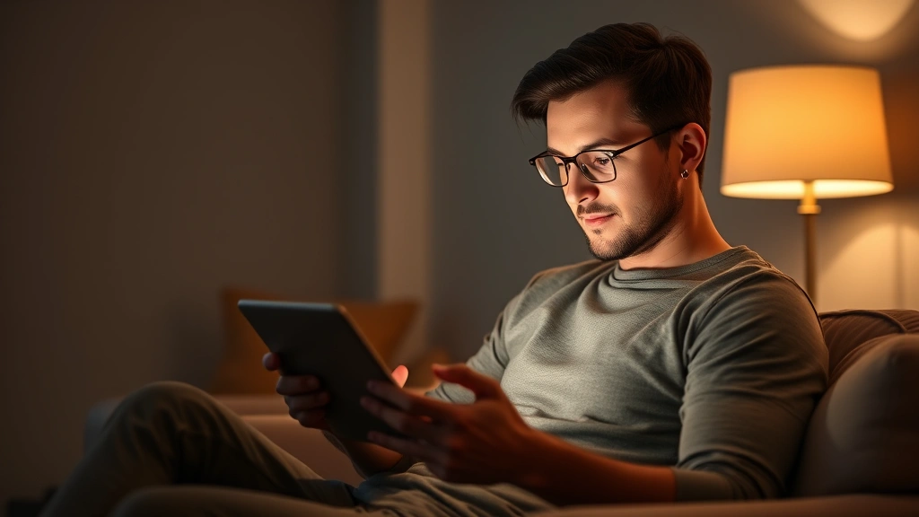 Individual looking at tablet screen in comfortable setting, warm ambient lighting, relaxed body language, minimalist background suggesting digital wellness