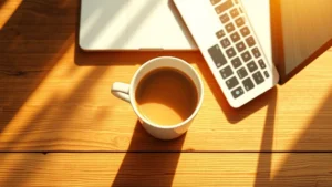 Overhead view of a minimalist coffee cup on a wooden table with blurred laptop keyboard in background, warm morning sunlight casting soft shadows, photorealistic style