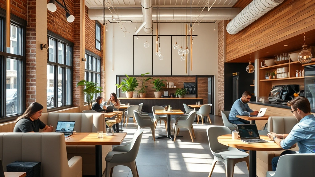 Interior of a modern specialty coffee shop with comfortable seating, natural light streaming through windows, customers working on laptops at various tables, inviting atmosphere, photorealistic