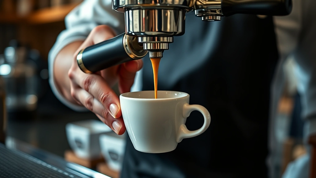 Close-up of a barista's hands carefully pouring espresso into a white ceramic cup with precision, coffee shop counter background slightly blurred, professional craftsmanship visible, photorealistic