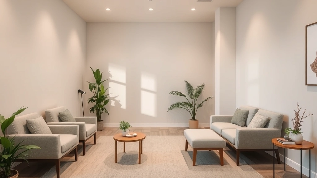 Serene therapy office with comfortable seating, soft lighting, and calming neutral tones, no people visible, peaceful professional environment