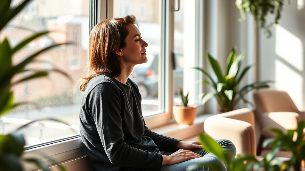 Person sitting peacefully by a window during daytime with natural light streaming in, surrounded by plants and comfortable furniture, focused and calm