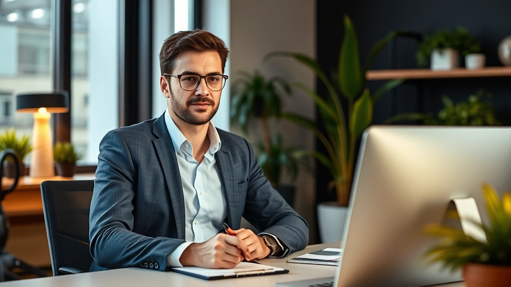 Professional mental health counselor in modern office environment, sitting at desk with notepad, warm lighting, focused expression, contemporary workspace design with plants and natural elements