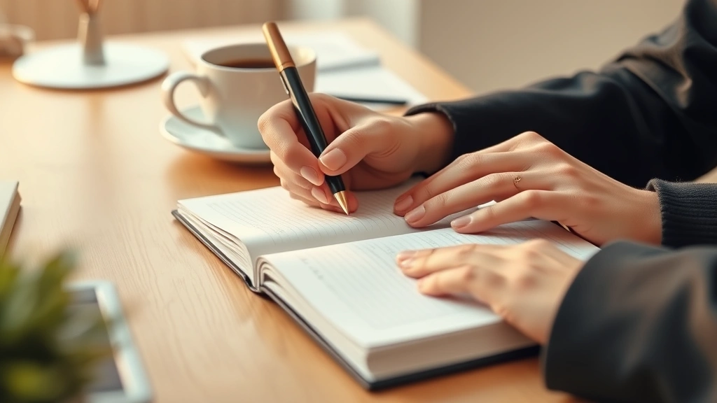 Close-up of hands writing in journal or notes, representing planning and career development strategy, minimalist desk setup with coffee cup, warm afternoon lighting, professional atmosphere