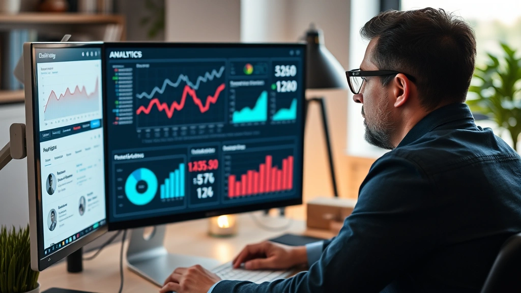 Person looking at computer screen displaying charts and data analytics, representing career advancement tracking and salary research, modern home office setting, concentrated professional demeanor
