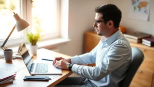 Person sitting at desk with laptop and financial documents, looking focused and determined, morning light from window, clean workspace with coffee cup