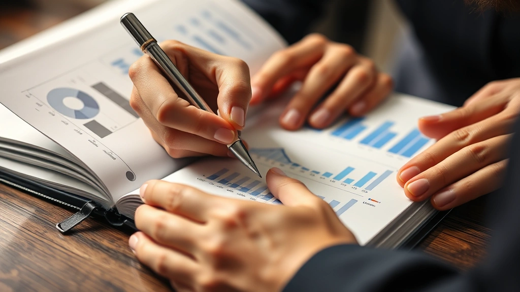 Close-up of hands writing in a journal or notebook with graphs and charts visible, warm lighting, thoughtful expression, organized financial planning