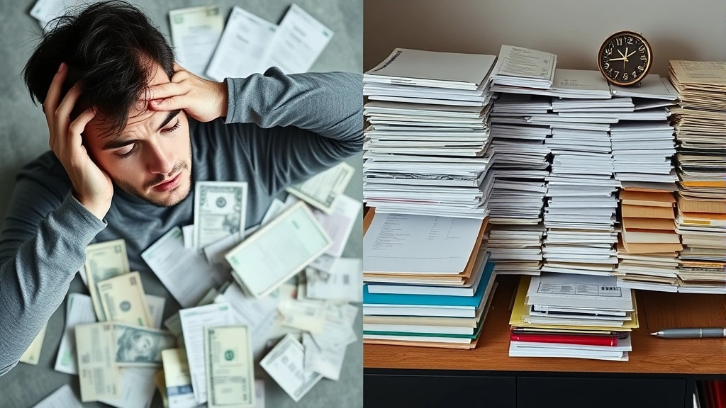 Split-screen composition: left side showing person stressed with bills and receipts scattered, right side showing same person calm and organized with structured finances