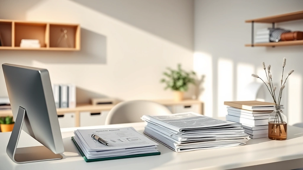 A serene clinical workspace showing a mental health professional's desk with organized assessment documents, neutral tones, soft natural lighting, organized file system visible, professional yet calm atmosphere