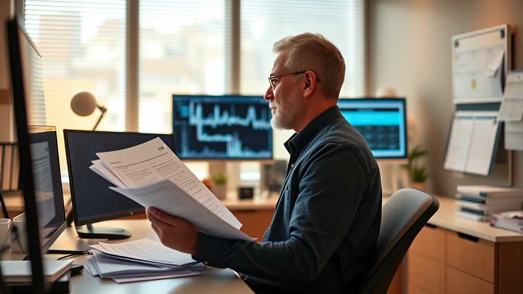 A thoughtful person reviewing comprehensive health documentation in a modern office setting, warm lighting, organized papers and digital screens, professional clinical environment captured from side angle