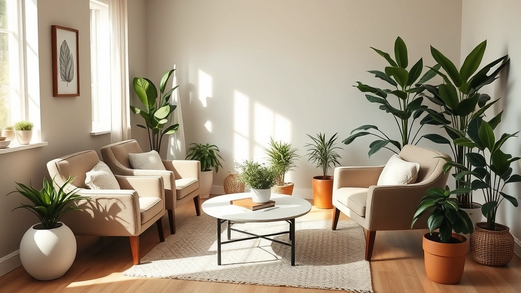 Serene therapist's office with comfortable seating, soft lighting, plants, and calming neutral tones creating a safe therapeutic environment for mental health treatment