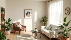 Peaceful therapy office with comfortable seating, soft natural lighting, plants, and calming neutral tones creating a safe welcoming environment