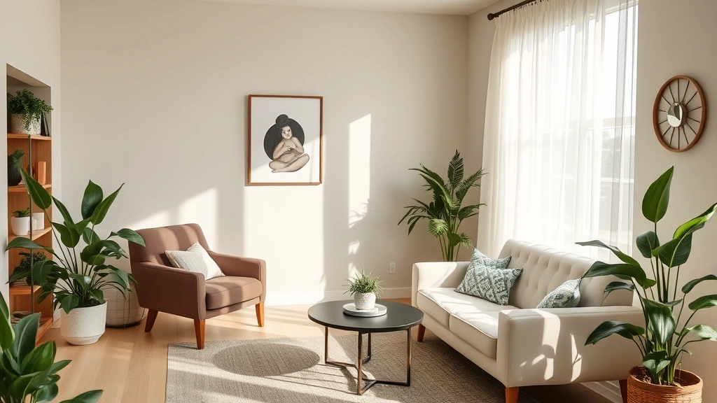 Peaceful therapy office with comfortable seating, soft natural lighting, plants, and calming neutral tones creating a safe welcoming environment