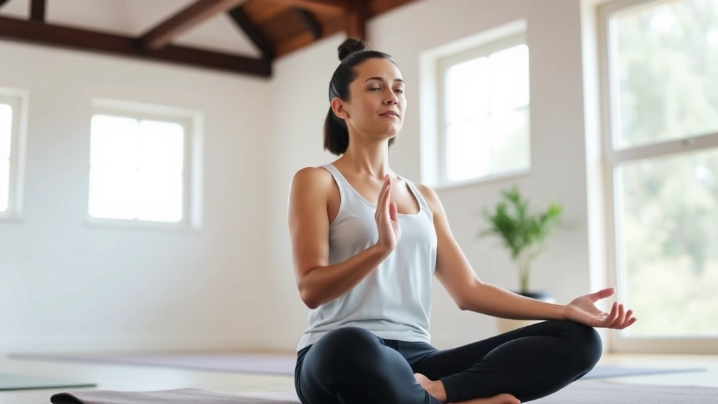 Person sitting peacefully during a meditation or mindfulness session, looking calm and centered with natural light coming through windows in a wellness space