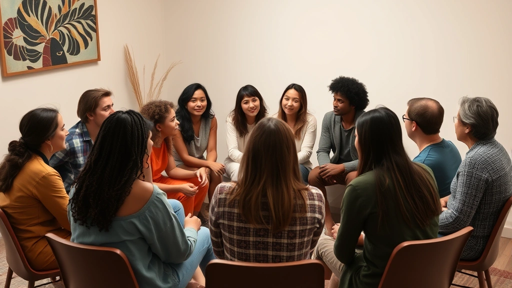 Diverse group of people in a supportive therapy circle setting, engaged in conversation and connection, representing community healing and shared understanding without showing faces clearly