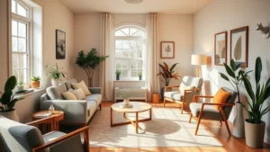 A serene therapy office with comfortable seating, soft natural lighting through windows, warm colors, and peaceful ambiance showing a welcoming mental health space