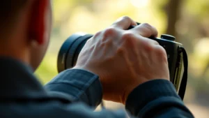 Professional photographer's hand positioned on camera back button during portrait session, natural lighting, shallow depth of field showing focus activation