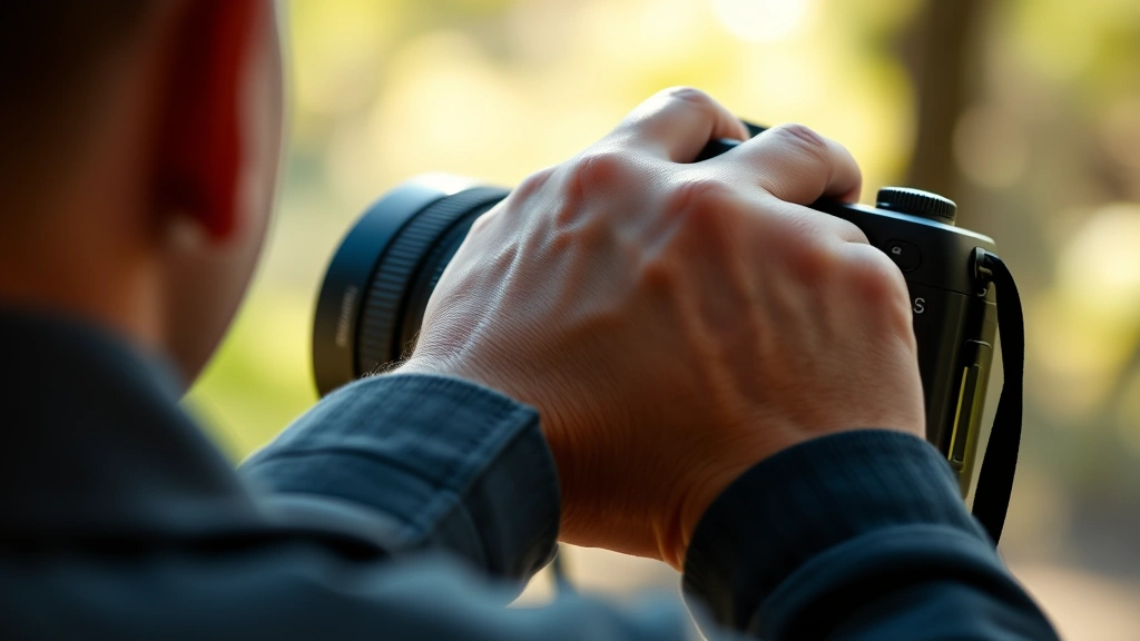 Professional photographer's hand positioned on camera back button during portrait session, natural lighting, shallow depth of field showing focus activation