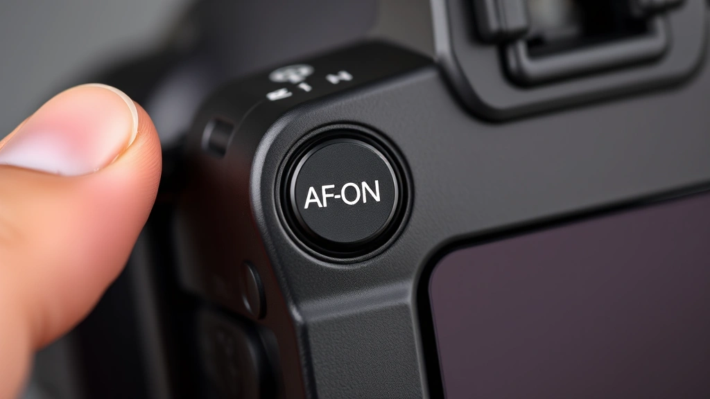 Close-up of camera back showing AF-ON button clearly, photographer's thumb ready to press, modern DSLR or mirrorless camera body