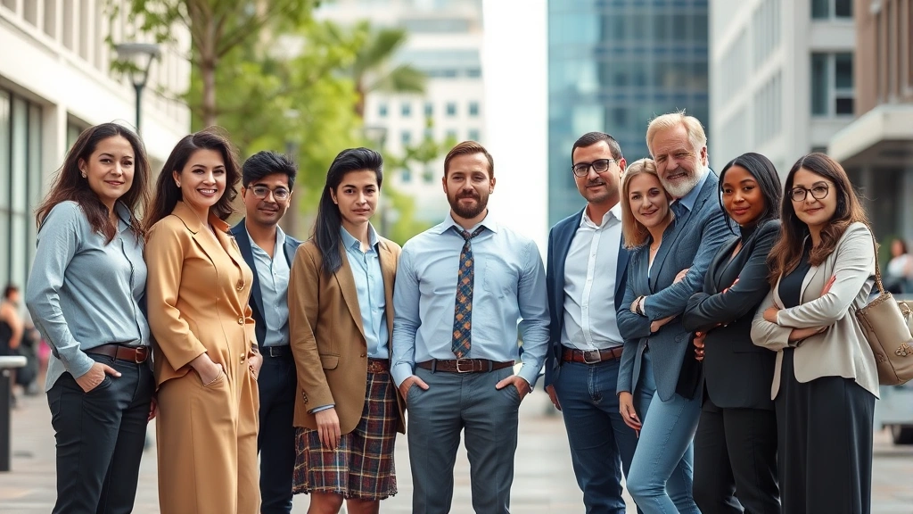 Diverse group of professional actors in modern clothing standing together in a circle, natural lighting, confident body language, outdoor urban setting