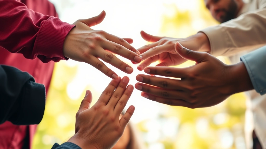 Close-up of hands placed together in unity gesture, multiple people of different ethnicities, warm natural light, symbolic teamwork composition