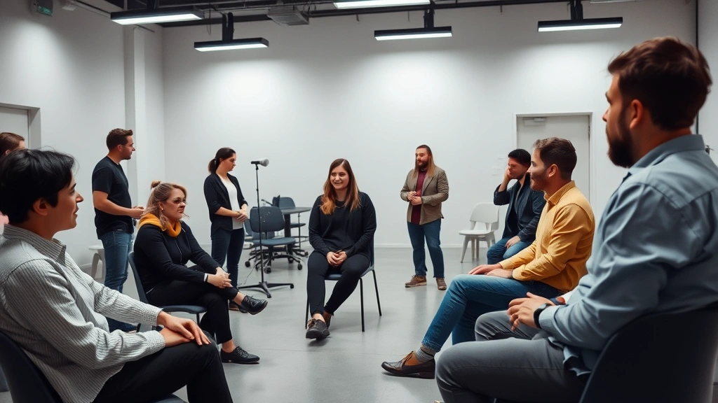 Professional actors in a rehearsal space, some sitting and some standing, engaged in conversation and collaboration, minimalist modern interior, focused expressions