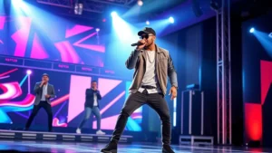 Professional reggaeton artist performing on a modern television studio stage with dynamic lighting, wearing stylish contemporary clothing, microphone in hand, confident stage presence, energetic movement captured mid-performance