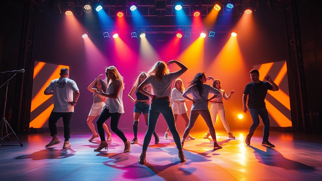 Dynamic stage performance with backup dancers moving in synchronized formation, colorful stage lighting design, contemporary choreography, urban modern aesthetic, vibrant energy captured in motion