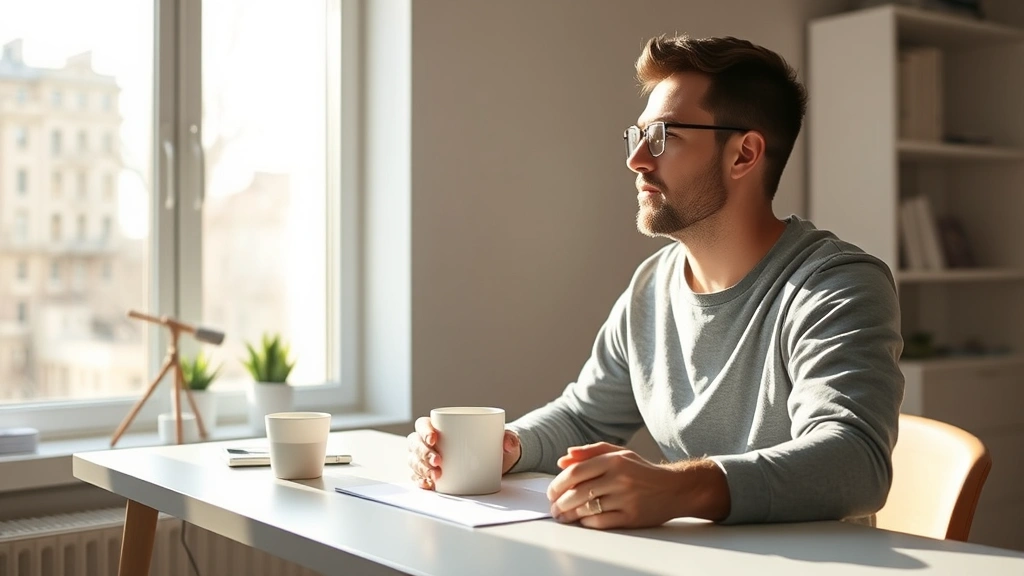 Person sitting at desk with coffee cup looking focused, morning sunlight through window, clean minimalist workspace, contemplative expression, hands on desk
