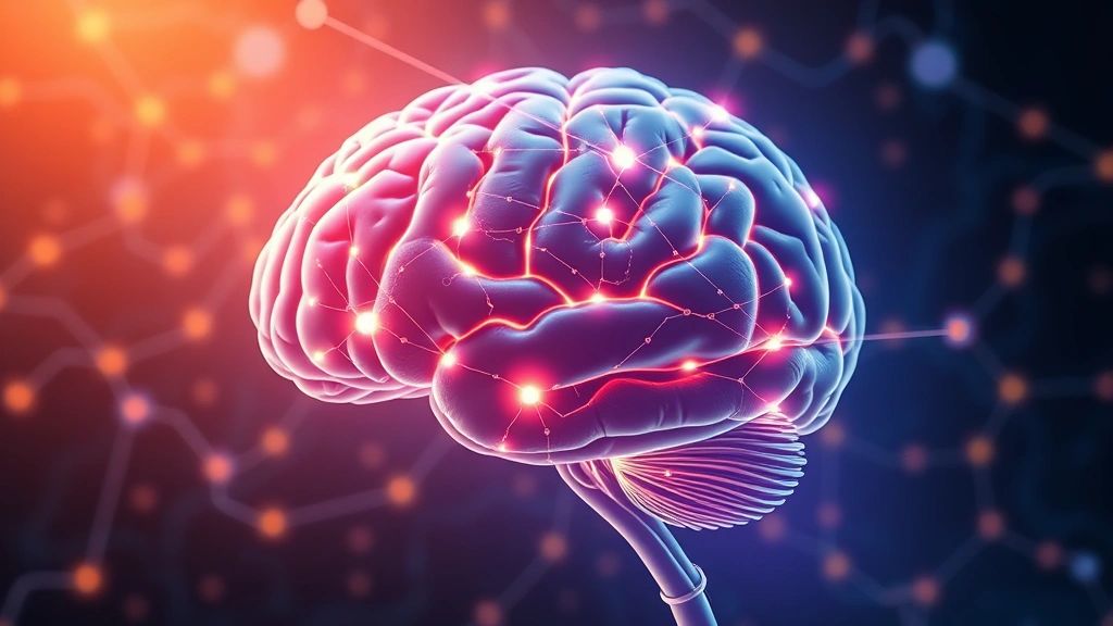 Brain illustration with interconnected neural pathways glowing, abstract visualization of neurological connections, scientific aesthetic, warm and cool color contrast, modern design