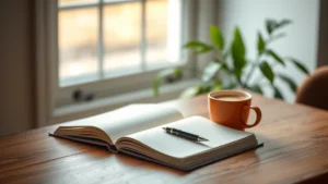 Minimalist workspace with open journal, pen, and warm coffee cup on wooden desk, soft natural lighting through window, blurred green plant in background, peaceful morning atmosphere