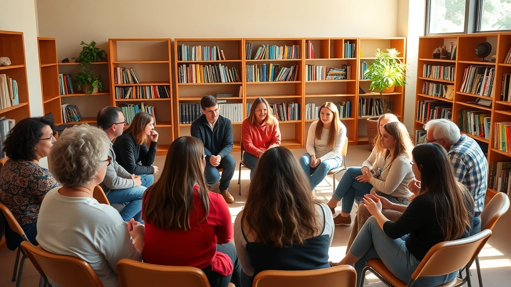 Community gathering space with diverse group of people in casual discussion circle, natural lighting, warm welcoming environment, books and resources on shelves behind them