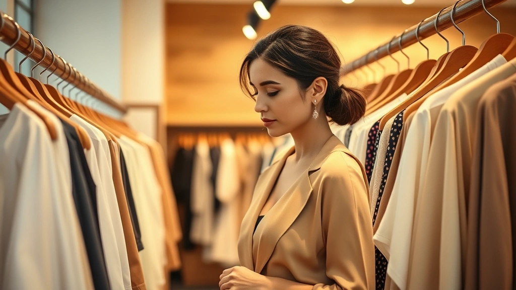 Sophisticated woman browsing elegant clothing racks in a well-lit boutique with natural wood fixtures and soft ambient lighting, serene expression of focused selection
