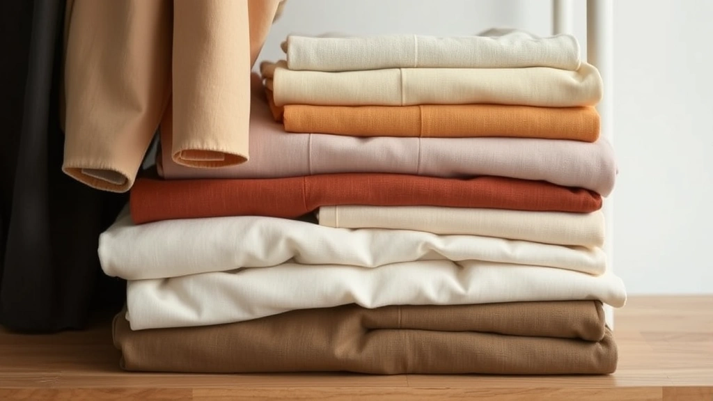 Minimalist clothing display showing carefully folded neutral-toned garments arranged by color gradient, representing curated fashion and intentional wardrobe building