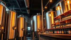 Modern craft brewery interior with stainless steel fermentation tanks, warm ambient lighting, rustic wooden bar counter, craft beer bottles displayed on shelves, no text or labels visible