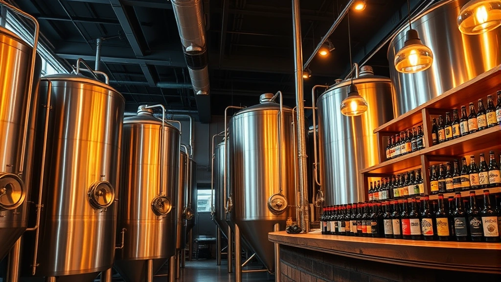 Modern craft brewery interior with stainless steel fermentation tanks, warm ambient lighting, rustic wooden bar counter, craft beer bottles displayed on shelves, no text or labels visible