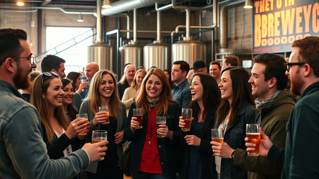 Community gathering at brewery taproom with diverse group of people holding glasses, laughing and socializing, industrial brewery aesthetic, warm lighting, no visible text or signage