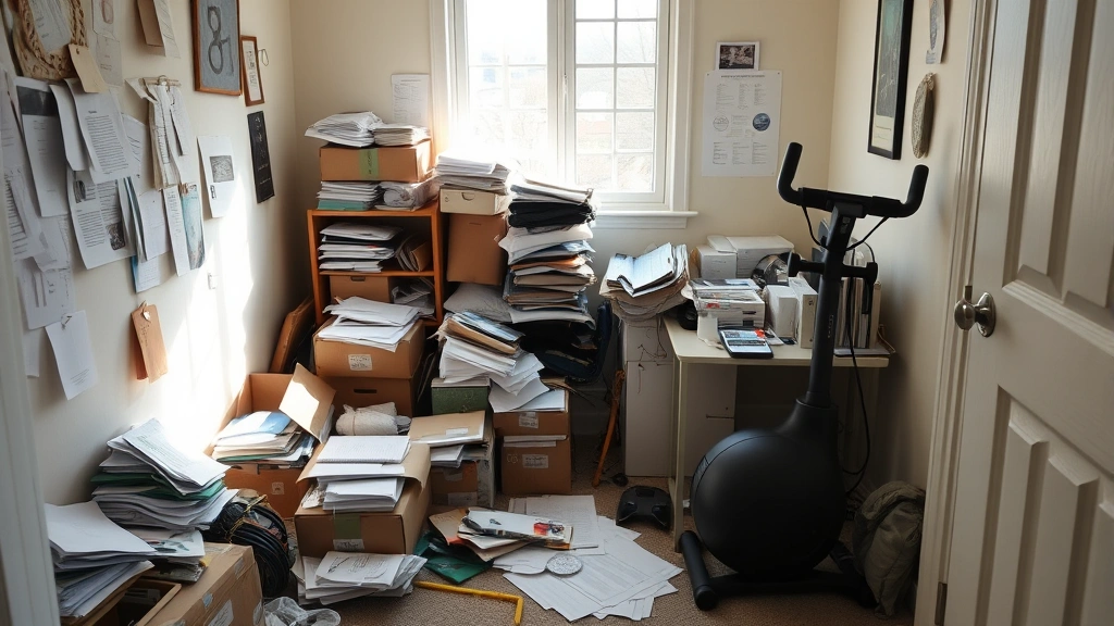 Cluttered home office corner with scattered papers, unopened packages, and abandoned exercise equipment piled haphazardly in natural lighting
