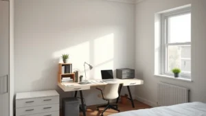 Minimalist bedroom with organized desk, clear surfaces, natural light from window, peaceful atmosphere, no clutter or distractions visible