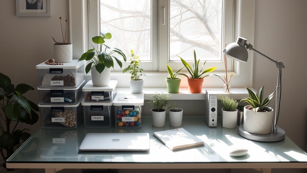 Organized home workspace with clear desk, labeled storage containers, minimalist aesthetic, and plants in morning sunlight