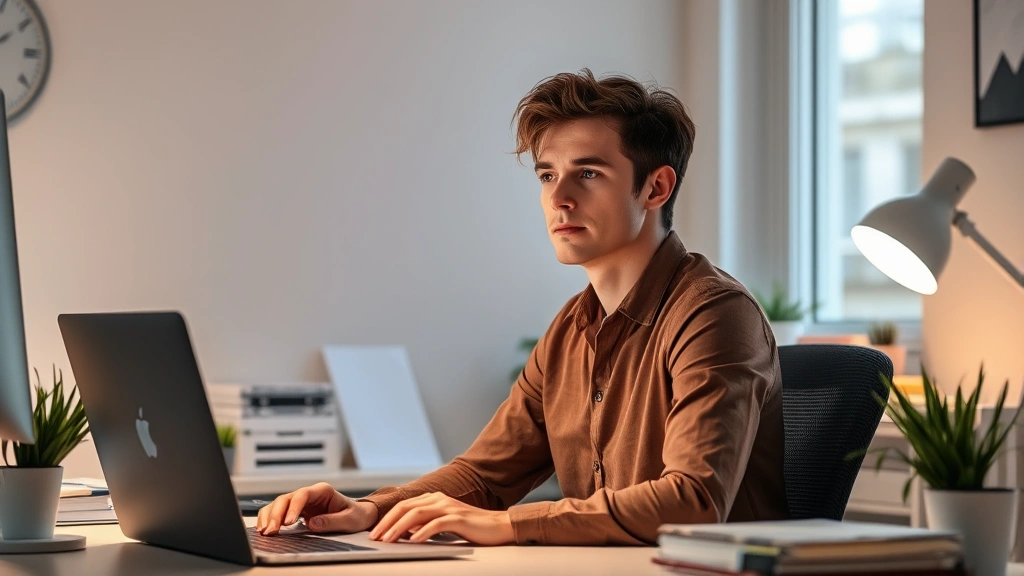 Person sitting at well-lit desk with focused posture, organized workspace with few items, plants nearby, calm concentrated expression