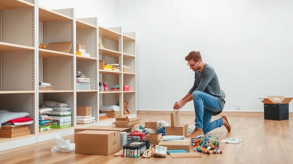 Person organizing items into categories on floor with empty shelves and clean walls in background, focused and methodical