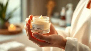Close-up of hands holding a skincare jar with a soft, blurred spa background, photorealistic warm lighting
