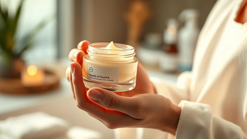 Close-up of hands holding a skincare jar with a soft, blurred spa background, photorealistic warm lighting