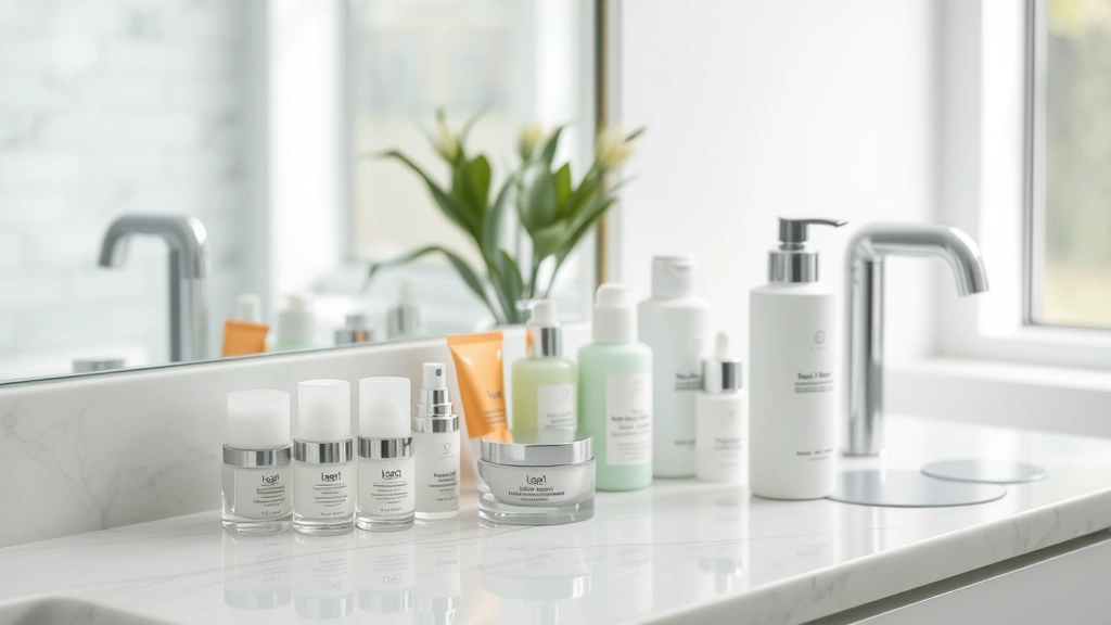 Organized bathroom counter with skincare products neatly arranged, clean aesthetic, bright natural daylight, inviting composition