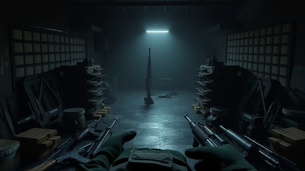First-person view from inside a dark warehouse in Tarkov, weapons and tactical gear visible, player character examining inventory in tactical vest, realistic military equipment scattered around, moody atmospheric lighting