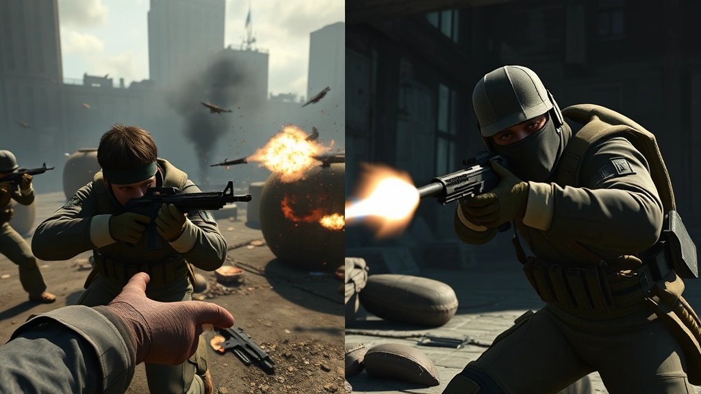 Split-screen comparison: left side shows a player character making hasty decisions amid chaos and gunfire, right side shows a calm, methodical player character in same environment executing precise tactical movements, photorealistic game graphics style