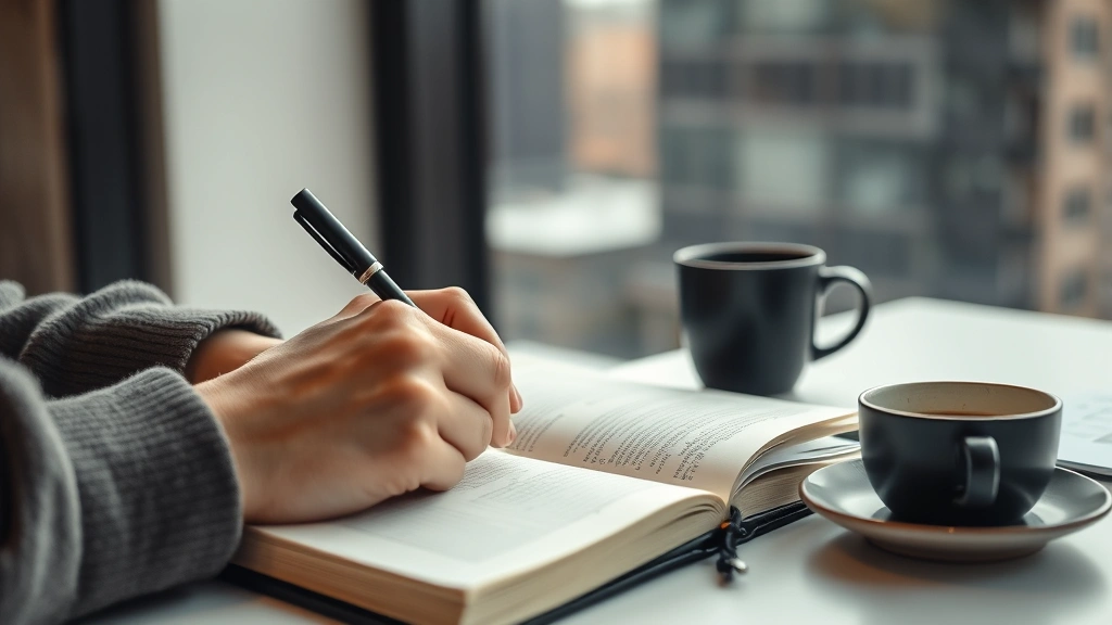 Close-up of hands writing in a journal with coffee nearby, soft morning light, minimalist desk setup, Denver urban window view blurred in background