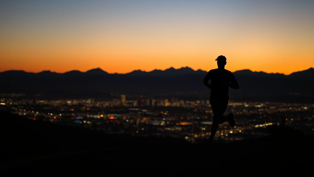 Silhouette of someone jogging on a trail at dusk with city lights of Denver visible in the distance, mountains shadowed, golden hour lighting