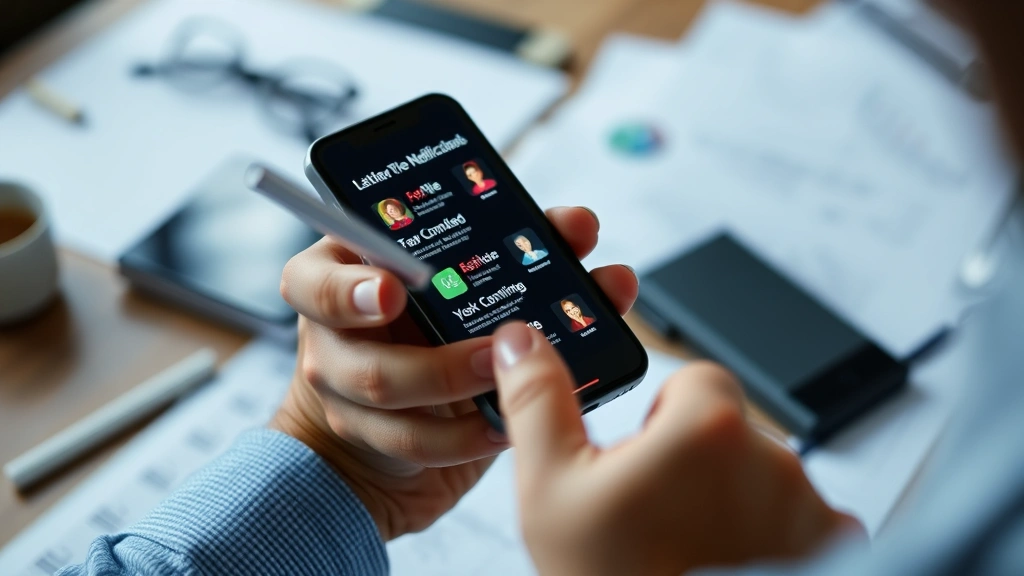 Person holding a smartphone with multiple notification badges glowing, sitting at a desk with blurred work materials, representing digital distraction and phone addiction